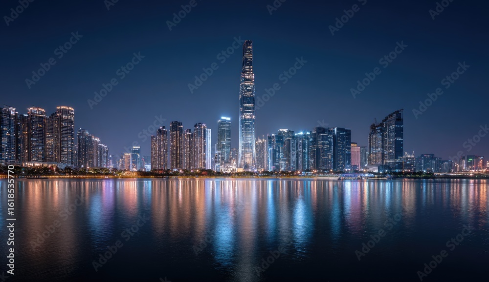 Fototapeta premium City skyline at night, reflected in water