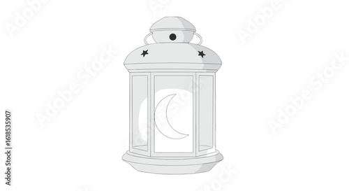 White lantern with crescent moon and star cutouts on white background