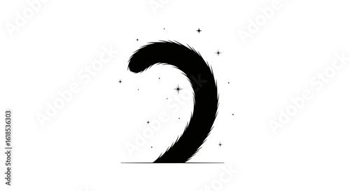 Curved black cat tail with fur and specks on white background