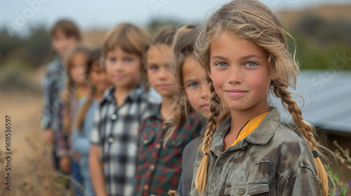 A group of children standing in a row, looking directly at the camera.