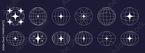 World globe retro grids in oval and round form with stars icons set. earth latitude and longitude line grid. futuristic design elements.