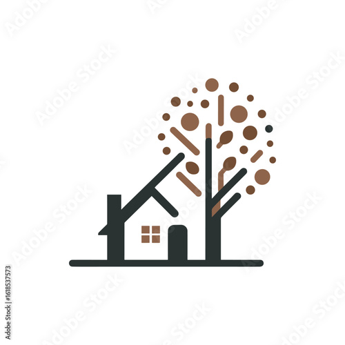 A minimalist illustration of a house beside a stylized tree with abstract foliage