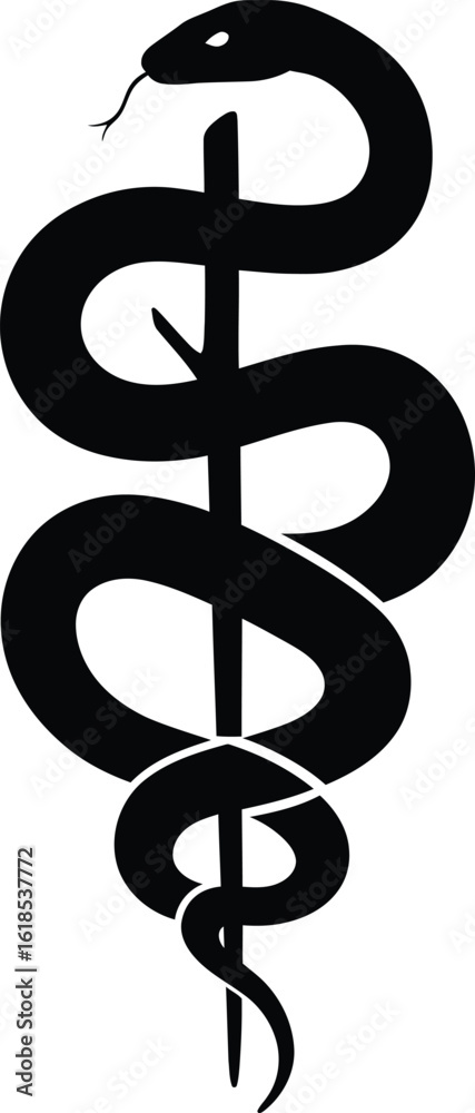 Obraz premium Black Rod of Asclepius vector illustration, ideal for medical, healthcare, or veterinary designs, featuring a single snake entwined around a staff on a white background.