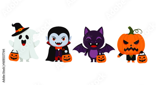 Halloween Cartoon Characters: Ghost Vampire Bat and Pumpkin Holding Jack-o-Lantern Buckets.