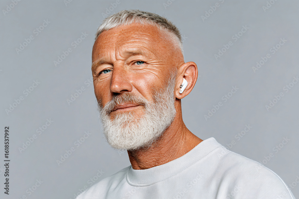 Fototapeta premium Stylish Silver‑Haired Man with Wireless Earbuds – Tech Lifestyle Portrait