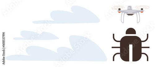 Drone hovering over beetle and abstract clouds, combining nature and technology. Ideal for innovation, surveillance, nature comparison, modern tech, minimalism, environment, simple flat metaphor