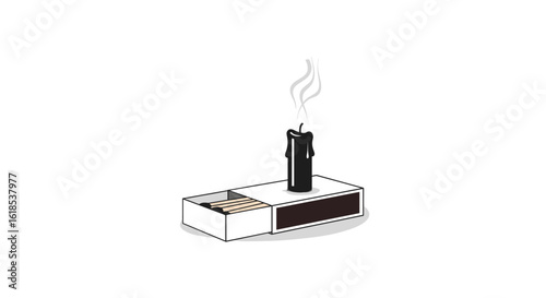 Burned black candle on matchbox with smoke on white background