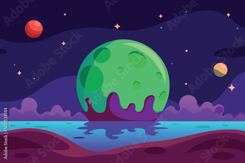  a vibrant alien planet rises above a tranquil sea under a starry sky in deep space vector illustration
