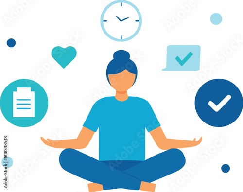 Person Meditating With Clock And Checklist Icons