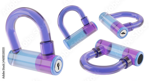 Four clear bicycle locks displayed on a white background showing a security concept for protection and anti-theft