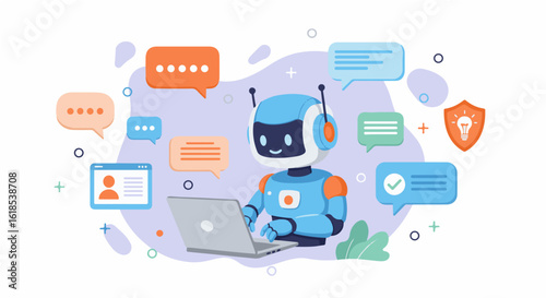 A friendly robot is working on a laptop with various speech bubbles surrounding it, representing communication and information.