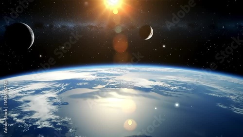 Earth From Space Stars, Sun, and Moons Aligned in the Cosmos