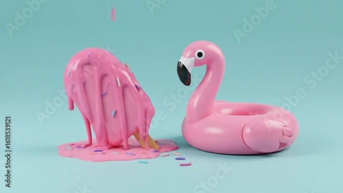 A melting popsicle and a pink flamingo float on a light blue colored background