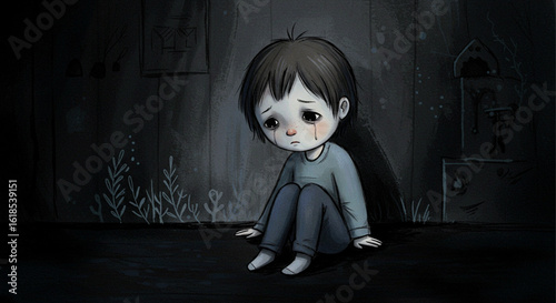 Conceptual artwork depicting childhood sorrow, a young boy crying alone in a dark, atmospheric space