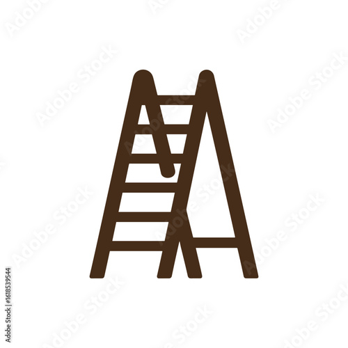 A wooden ladder leaning against a wall in a cozy workshop filled with tools and materials