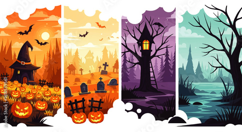 Four vibrant Halloween illustrations: witchs hat house spooky graveyard glowing treehouse and eerie swamp landscape.