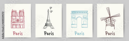 Hand drawn Paris themed posters. Vector doodle illustrations. Stylish French travel and lifestyle icons in minimal sketch style.