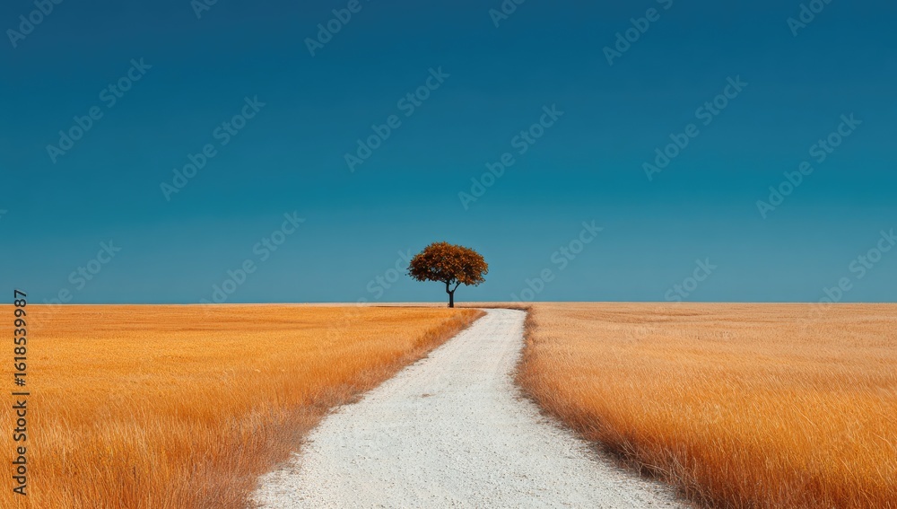 Obraz premium A solitary tree stands sentinel on a dirt path through a golden field under a vibrant blue sky