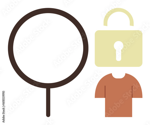 Magnifying glass beside a padlock over a human figure, emphasizing identity protection, data privacy, cybersecurity, user authentication, online safety, information security, simple flat metaphor