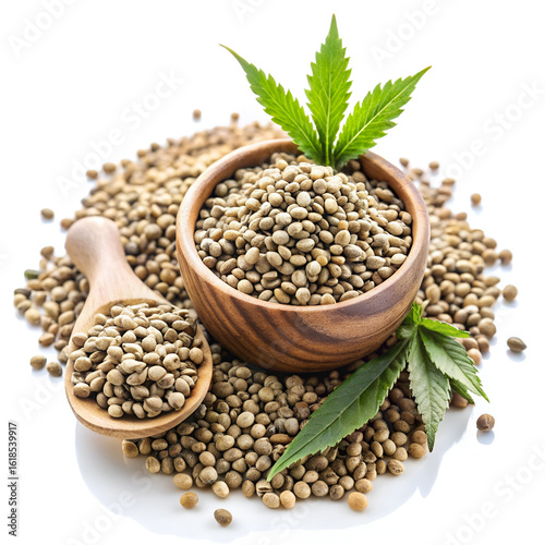A wooden bowl and spoon filled with beige hemp seeds, surrounded by more seeds and leaves on white