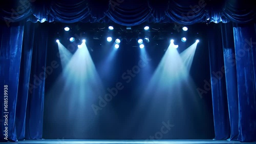 Empty Stage Ready for Performance - Blue Curtains & Spotlights