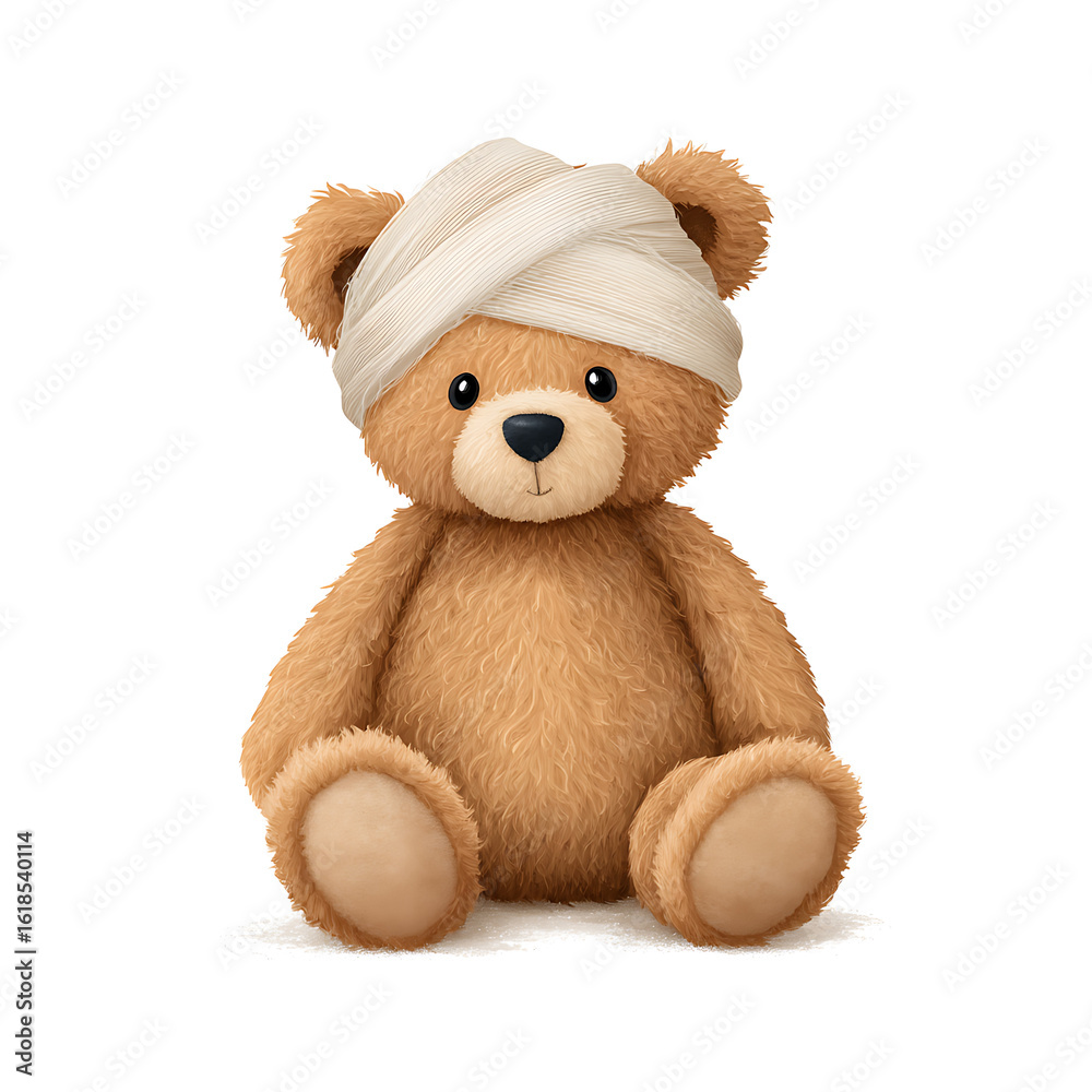 Obraz premium Injured Teddy Bear with Bandage on Head Isolated on White Background A Symbol of Care and Comfort