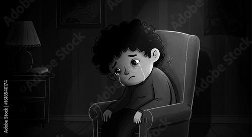 A poignant black and white illustration of a sad, lonely child crying in a dark, somber room, expressing deep sorrow and despair.