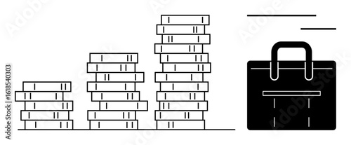 Stacked coins in ascending order beside a shopping bag visualizing financial growth, savings, and purchasing habits. Ideal for economics, wealth, shopping, investments, finance, budgeting simple
