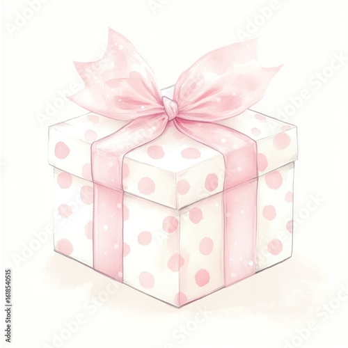 A square gift box, polka-dotted white, with a delicate pink ribbon bow