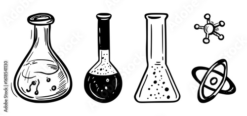 Chemistry doodle icon set with hand-drawn flasks, test tubes, and lab science equipment in sketch style