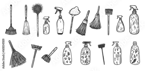 Cleaning tools doodle and silhouette icon set with hand-drawn mops, brooms, spray bottles, and sanitation equipment