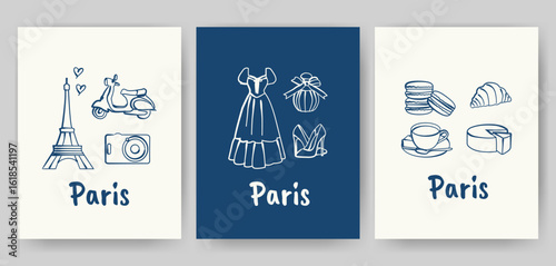 Hand drawn Paris themed posters. Vector doodle illustrations of Eiffel Tower, scooter, camera, dress, perfume, heels, croissant, macarons, cheese, and coffee. Stylish French travel and lifestyle icons