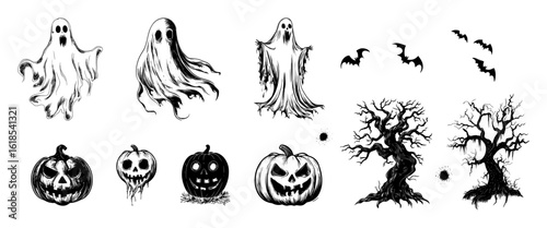 Halloween horror silhouette vector set with ghost, pumpkin, bat, and creepy tree in spooky doodle style