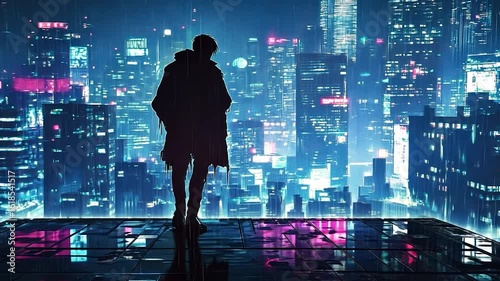 Wallpaper Mural Rainy cyberpunk city rooftop view Torontodigital.ca