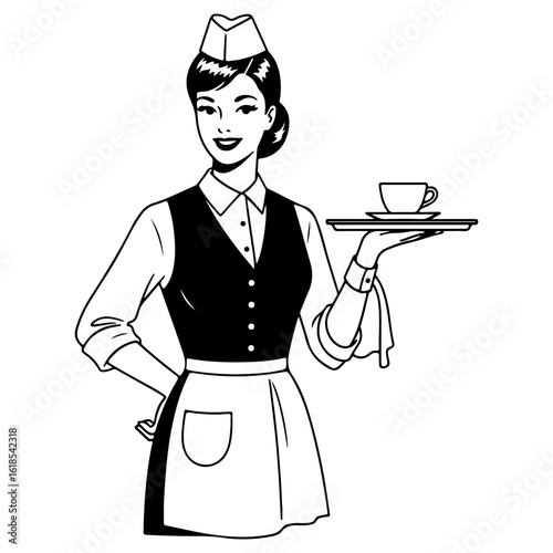 A classic illustration of a waitress in a retro uniform holding a serving tray with a cup. A food service character for cafe, diner, or restaurant themes.