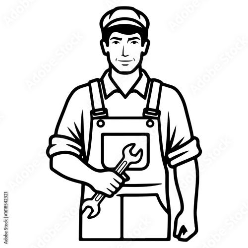 A capable handyman in overalls holding a large wrench. A character illustration of a mechanic, plumber, or skilled manual laborer.