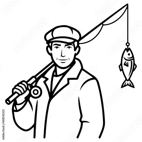 A smiling fisherman holds a fishing rod over his shoulder with a fish caught on the line. A black and white illustration of a recreational fishing hobby.