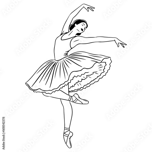 An elegant ballerina dancing gracefully in a tutu. A beautiful line art drawing representing ballet, dance, and classical art performance.