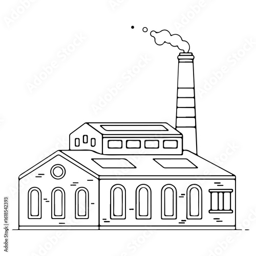 A simple line art drawing of a factory building with a smokestack. An icon for industry, manufacturing, production, and industrial architecture.