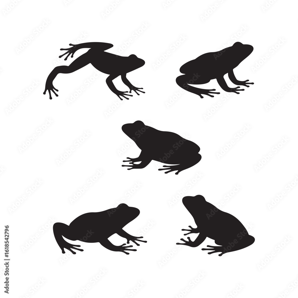 Naklejka premium Five frog silhouettes vector isolated on white background