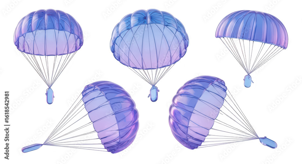 Obraz premium Multiple blue parachutes descending isolated on white representing concepts of freedom safety delivery and adventure for commercial use