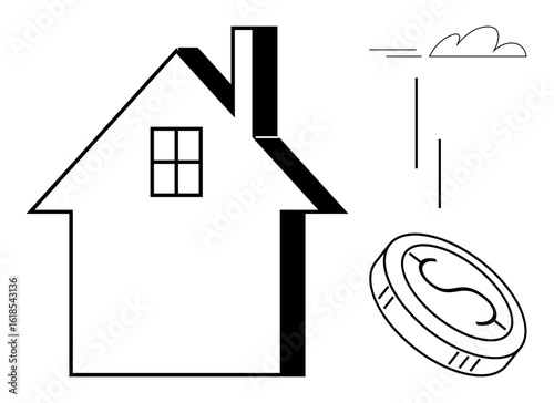 Minimalist house outline with flying coin symbolizing real estate, home ownership, financial growth. Ideal for investment, housing market, mortgage, savings, economy future planning. Simple flat