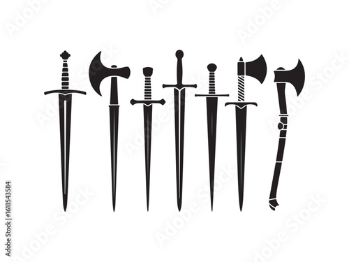 Collection of medieval weapons silhouette vector isolated on white background