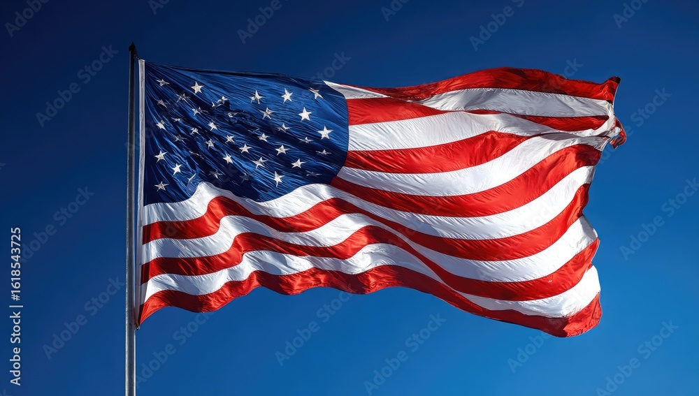 Fototapeta premium American flag waving in bright blue sky