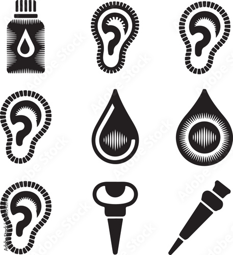 Ear, care, icon, set, hearing, medical, silhouette, vector, black, isolated, illustration, design, health, audiology, treatment, sound