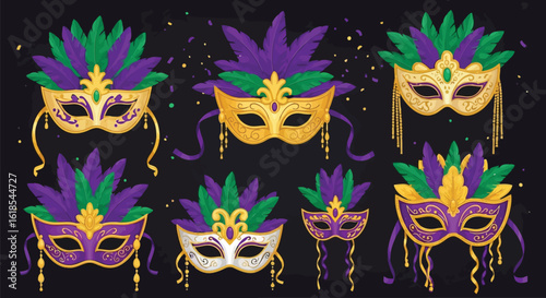 Collection Of Mardi Gras Masquerade Masks With Feathers And Gold Accents carnival