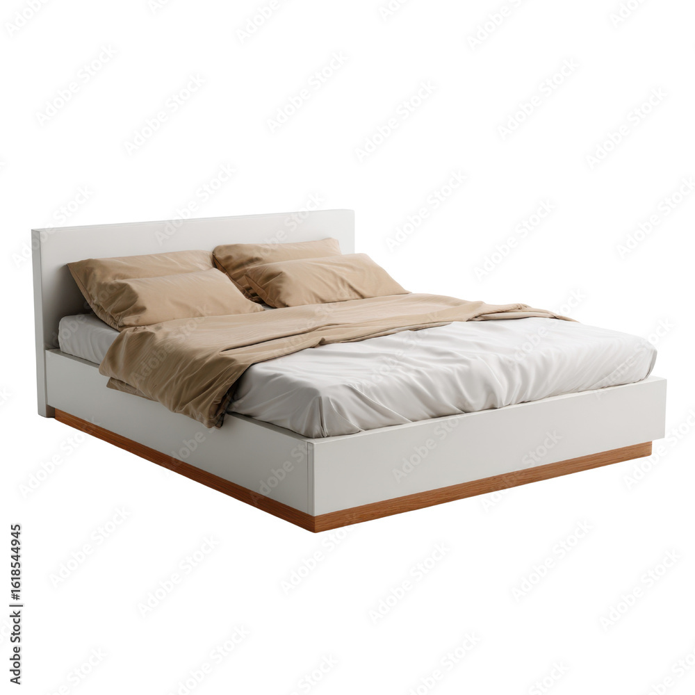 Obraz premium Modern white bed with tan pillows and white linens image, Isolated On White, Png Transparent, Cut Out