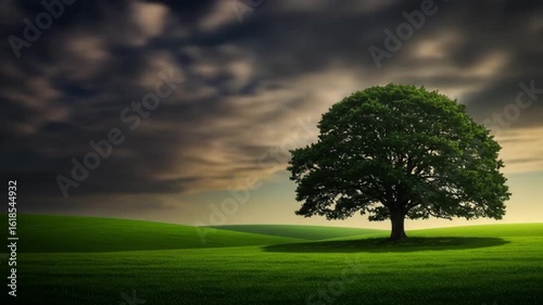 A full moon behind a large tree on a green field under a starry night time sky view