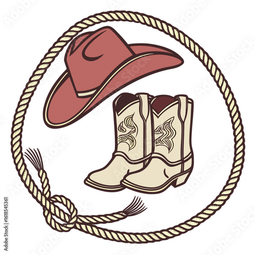 Pink cowboy hat and detailed boots framed by a twisted rope on a white background