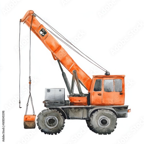 Watercolor illustration of an orange construction crane